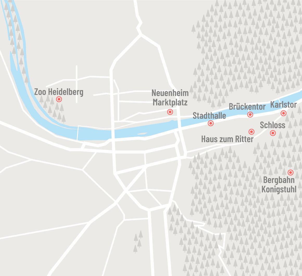 a map of Heidelberg highlighting the main city landmarks