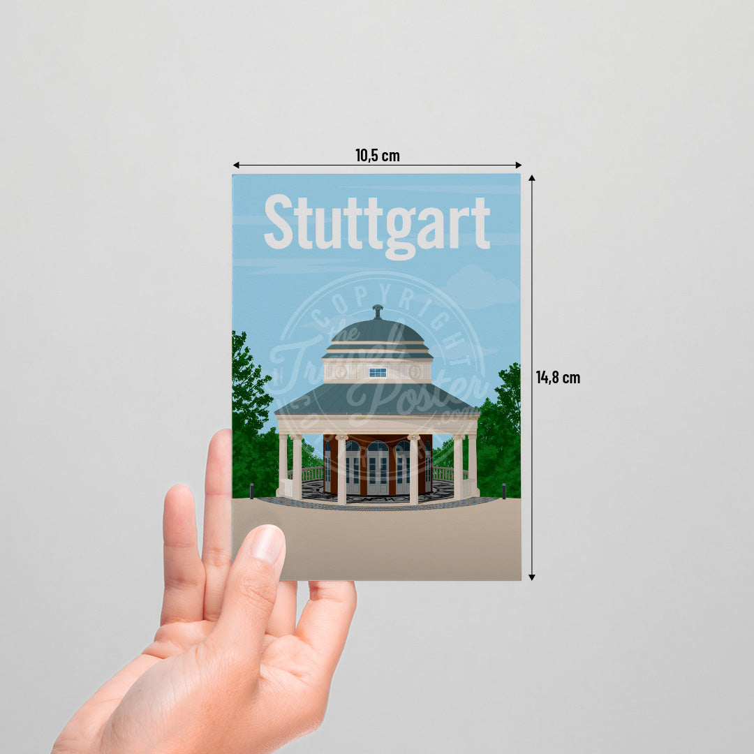 A hand holding a postcard of the Stuttgart Teehaus on a white background.