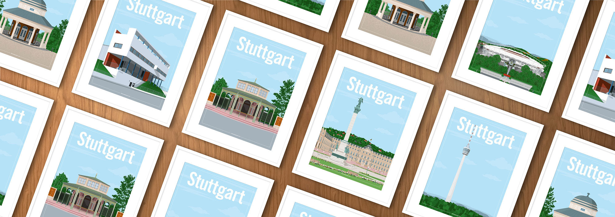 a collection of frames showing the Stuttgart posters