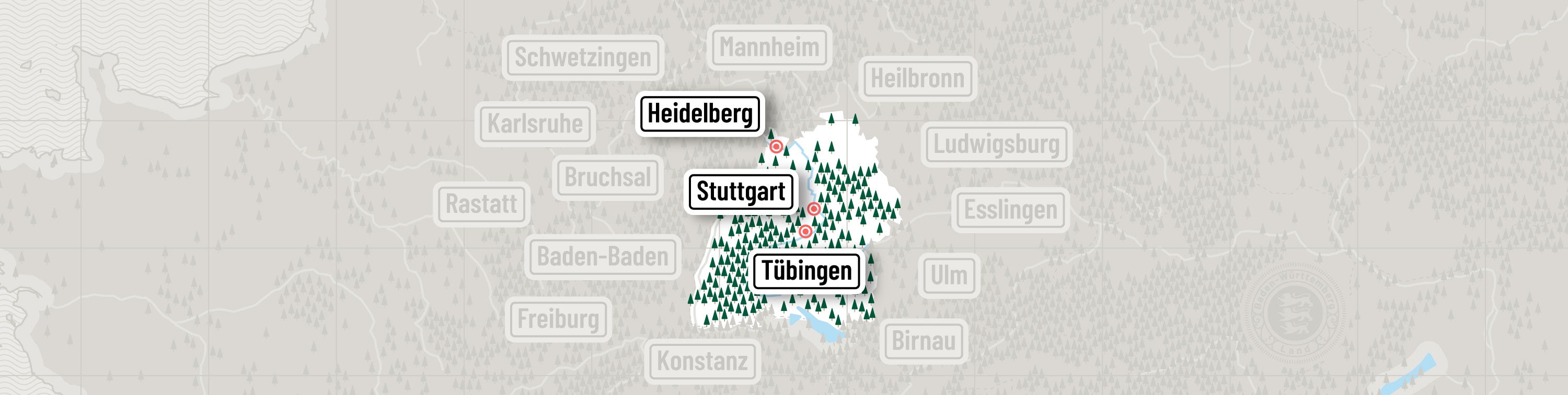 a map of Baden-Württemberg showing the 3 cities Heidelberg, Stuttgart, Tübingen