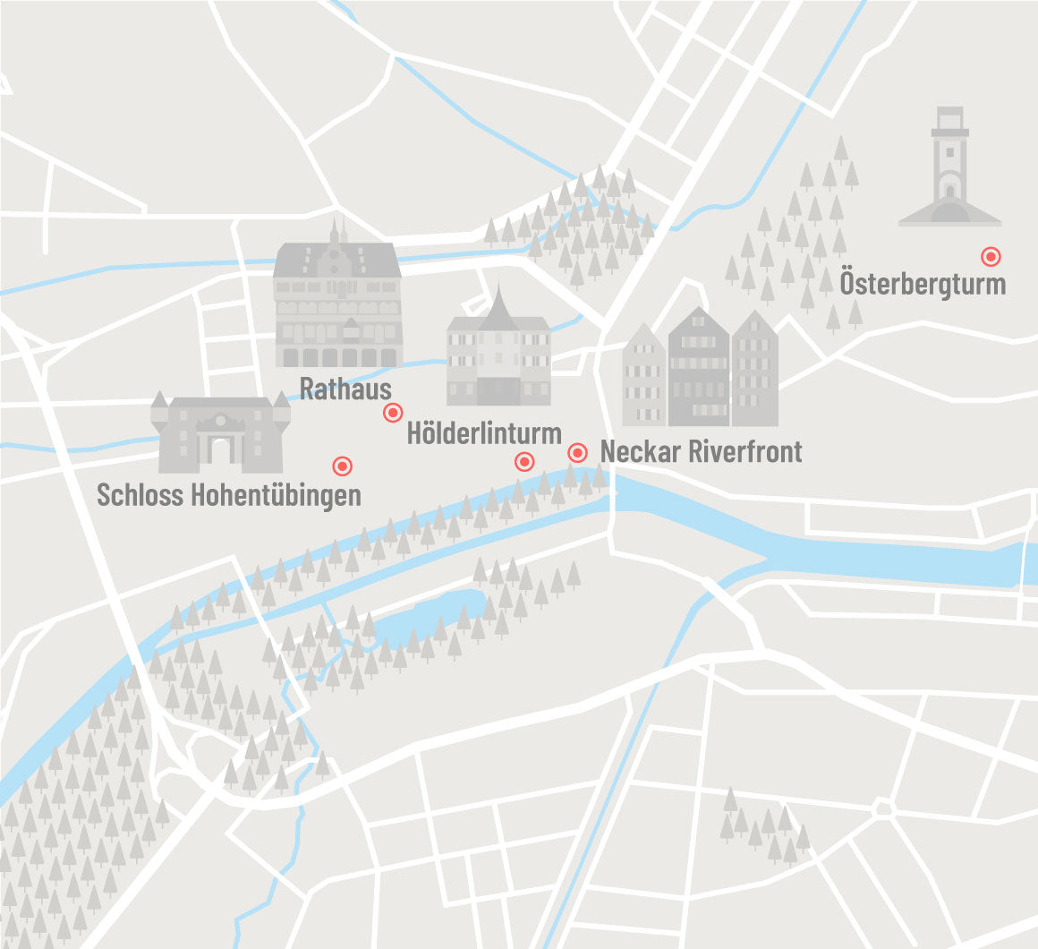 a map of Tübingen highlighting the main city landmarks